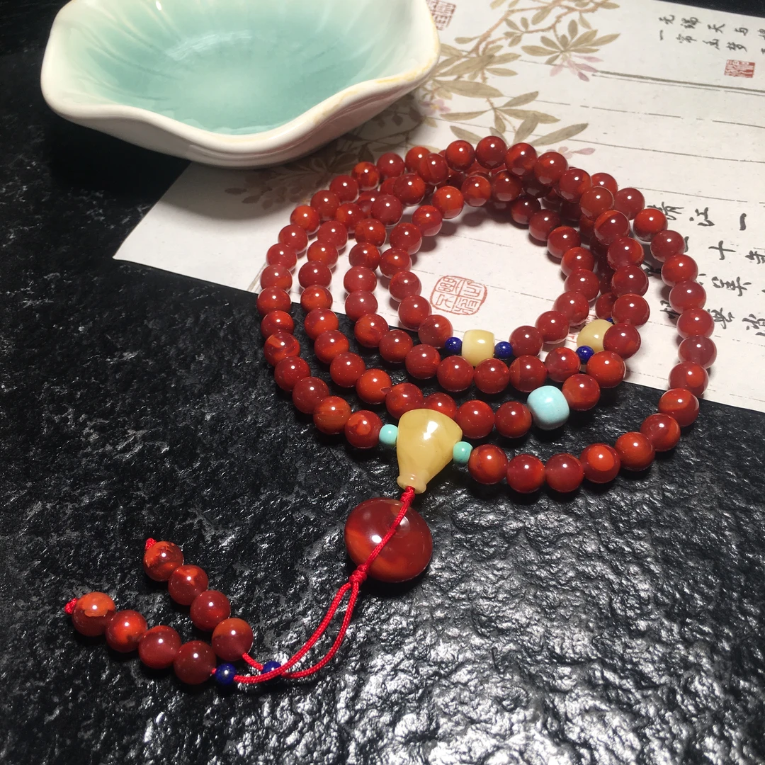 【朱锦南红】天然南红玛瑙火焰纹牛血柿子红DIY多圈长链项链7mm+63g