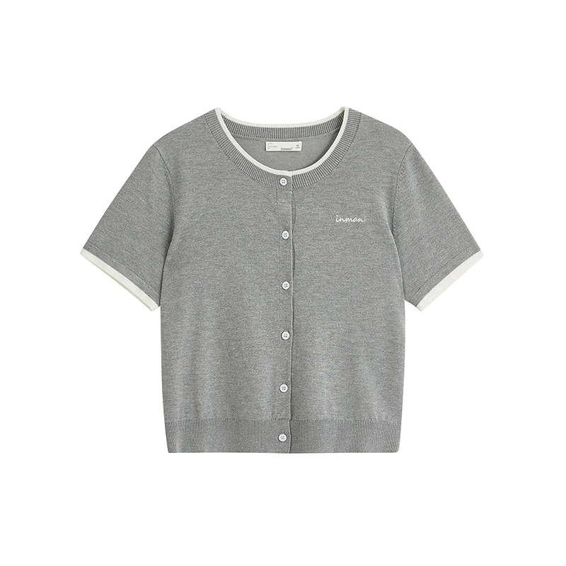 【一秒入夏】茵曼夏季miu系假两件针织开衫简约撞色刺绣短袖上衣