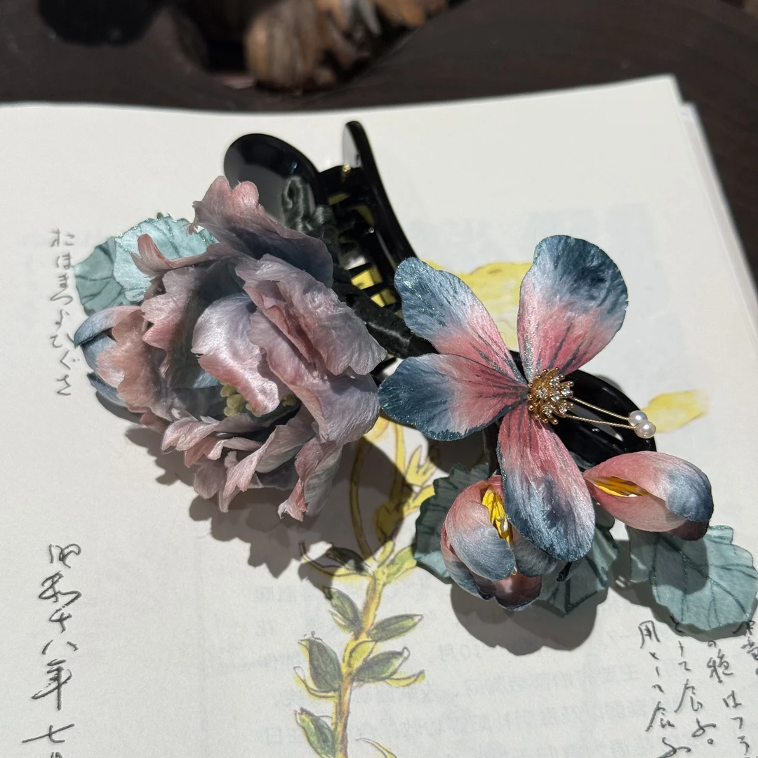 蝴蝶牡丹懒人夹 非遗绒花手工抓夹日常百搭头饰发饰