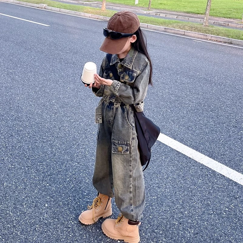 女童牛仔套装2025秋季新款中大童韩版哈伦工装裤两件套休闲时髦潮
