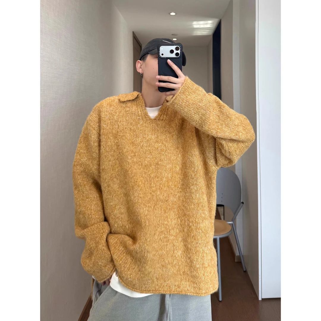 加肥大码300斤港式宽松v翻领针织衫男装秋冬复古百搭软糯套头毛衣