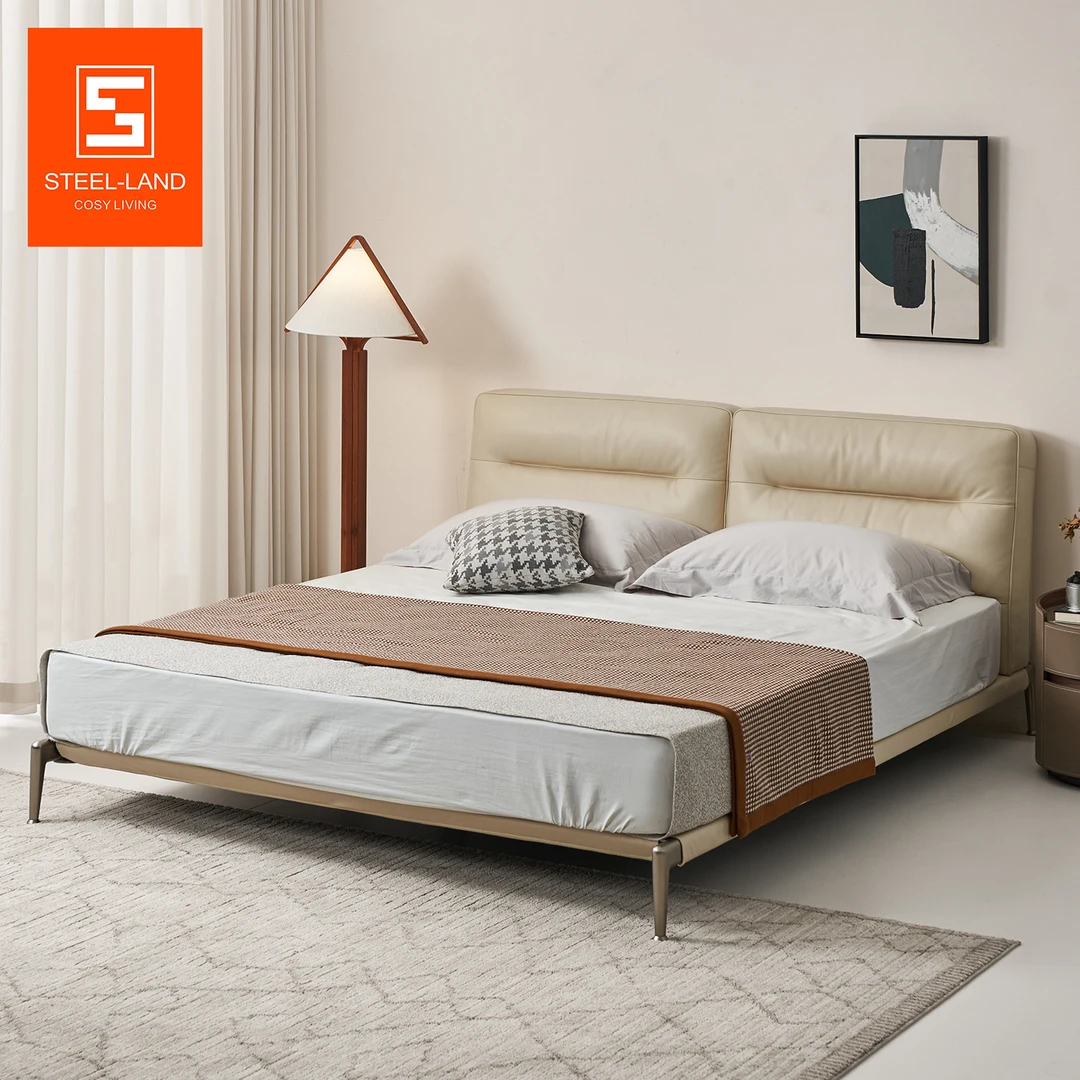 新款吐司真皮床主卧大床双人床头层牛皮软包床奶油风高脚床次卧