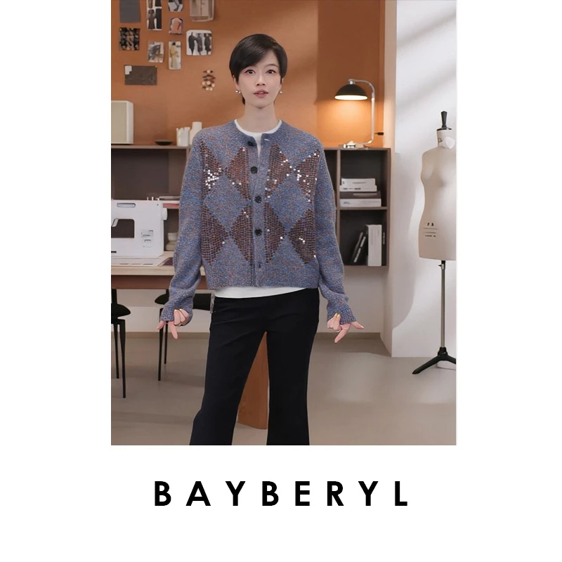 BAYBERYL老贝小闪*花纱亮片丝羊绒圆领秋针织开衫9ZZS5I0542-9/7
