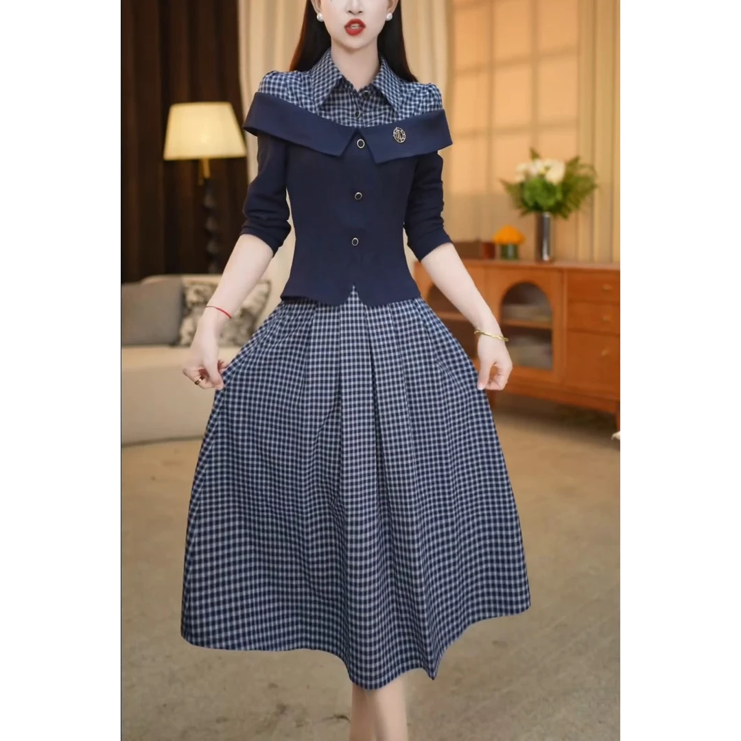 时尚设计感POLO领格子两件套装女早秋季新款气质收腰显瘦上衣裙子