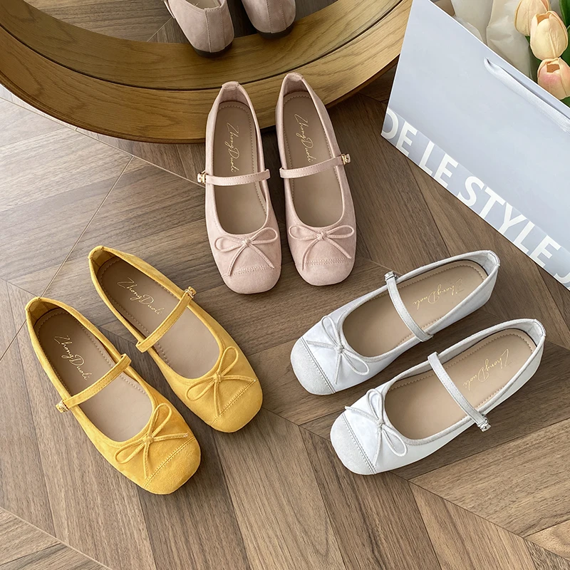 小个子内增高羊皮一女鞋纯色舒适百搭软底蝴蝶结芭蕾款平底单鞋