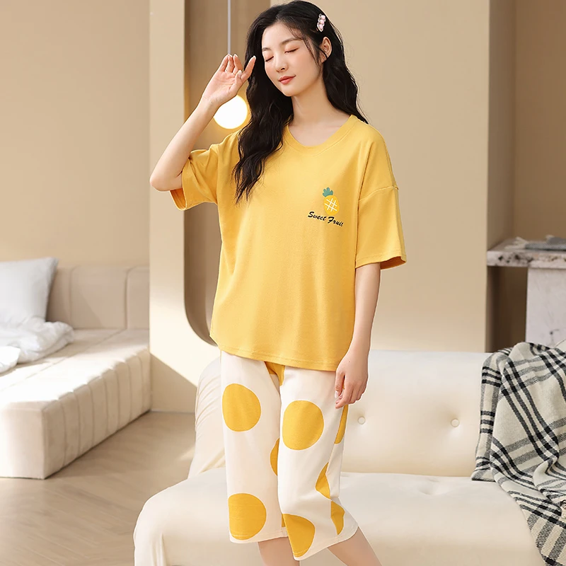 睡衣女棉质夏季新款大码200斤休闲宽松外穿短袖七分裤家居服套装