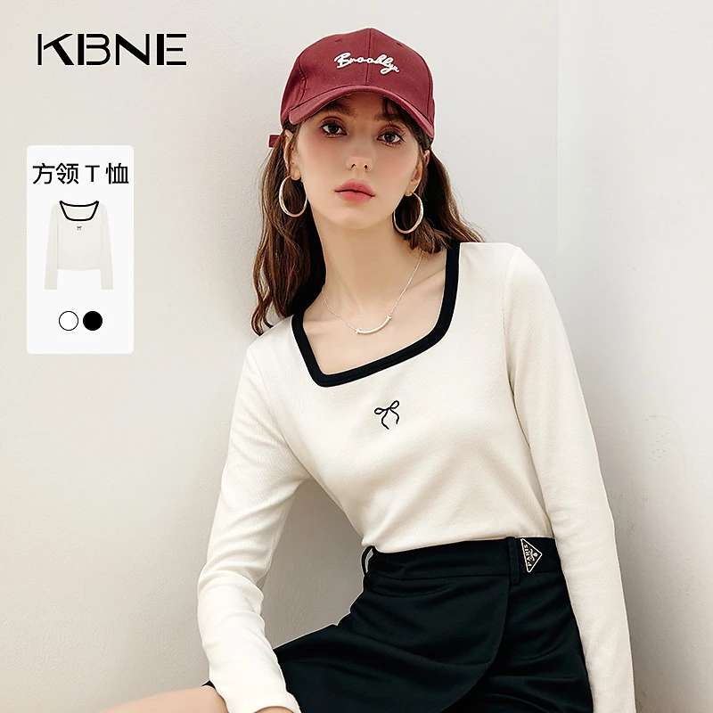 KBNE上衣小个子精致T恤2025新款白色长袖方领上衣撞色时尚流行