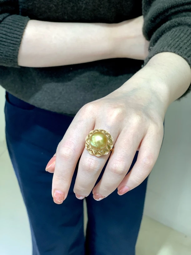 钻石茶金珍珠戒指