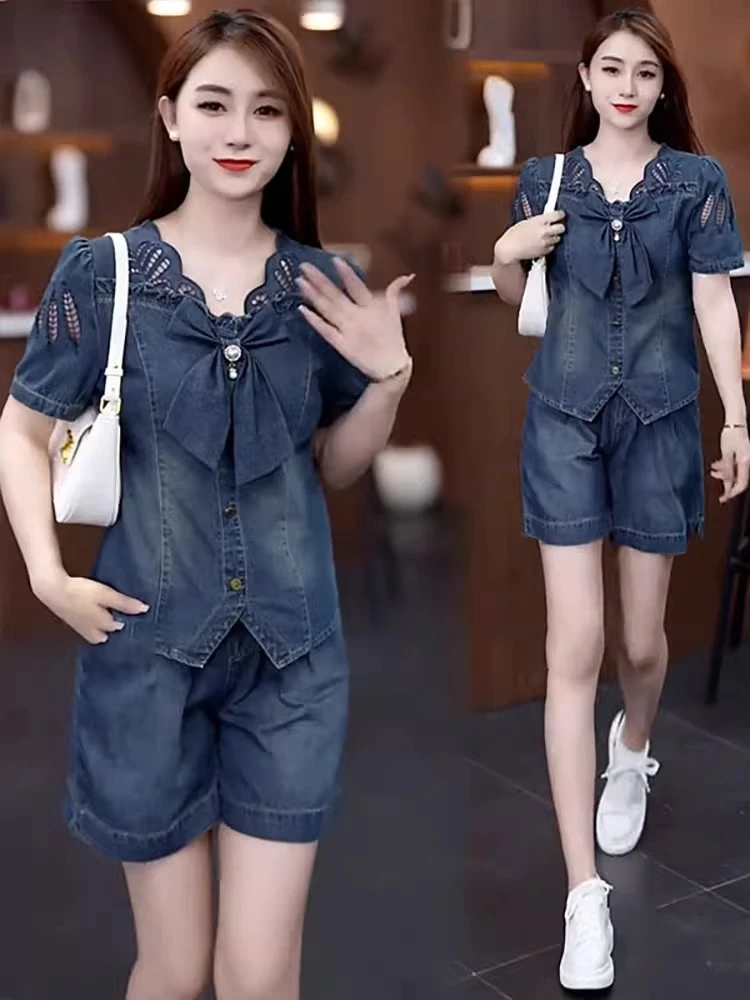时尚牛仔套装女2025夏季新款洋气显瘦百搭休闲短袖上衣短裤两件套