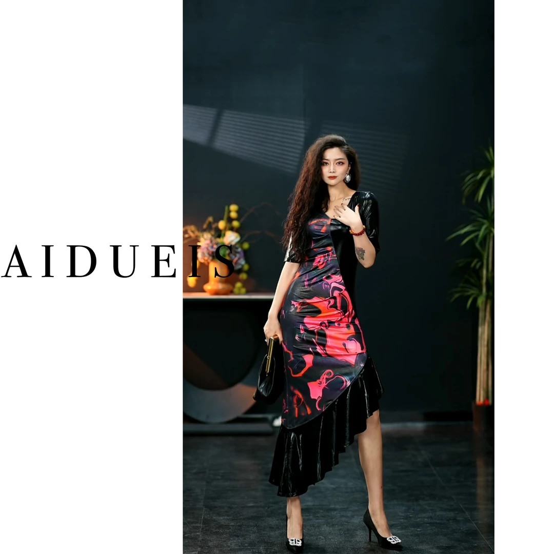 AIdueis【局外佳人】气质不规则通勤连衣裙高腰修身设计师款335
