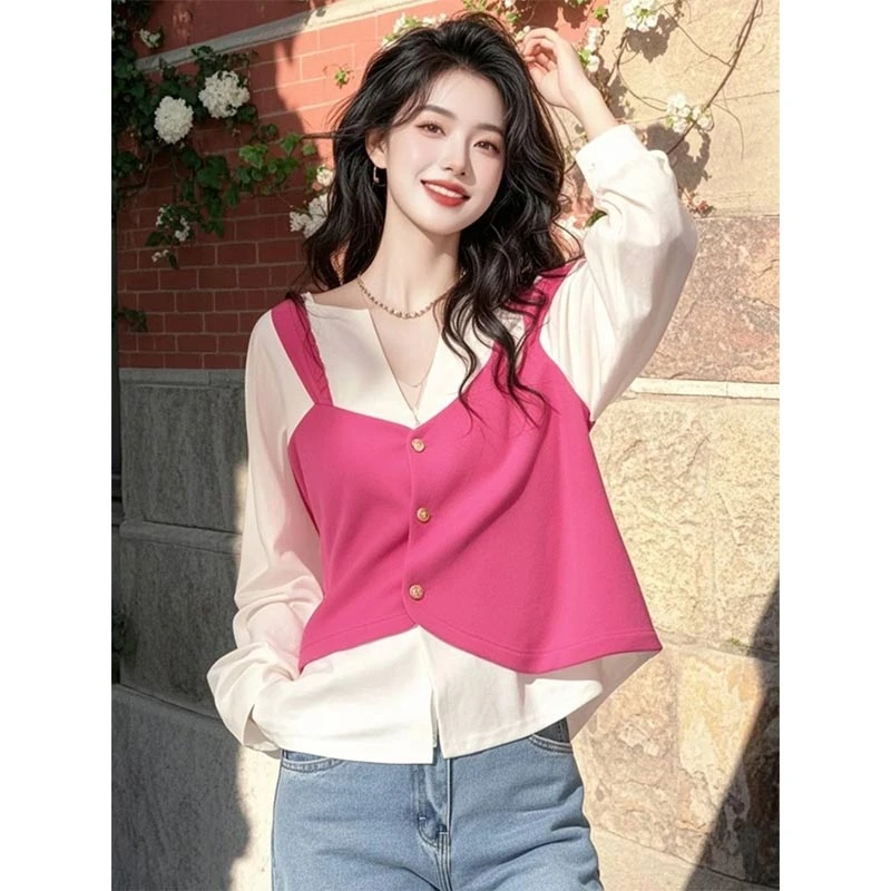 韩版时尚百搭长袖衬衫春装女款2025年新款小衫法式气质假两件上衣