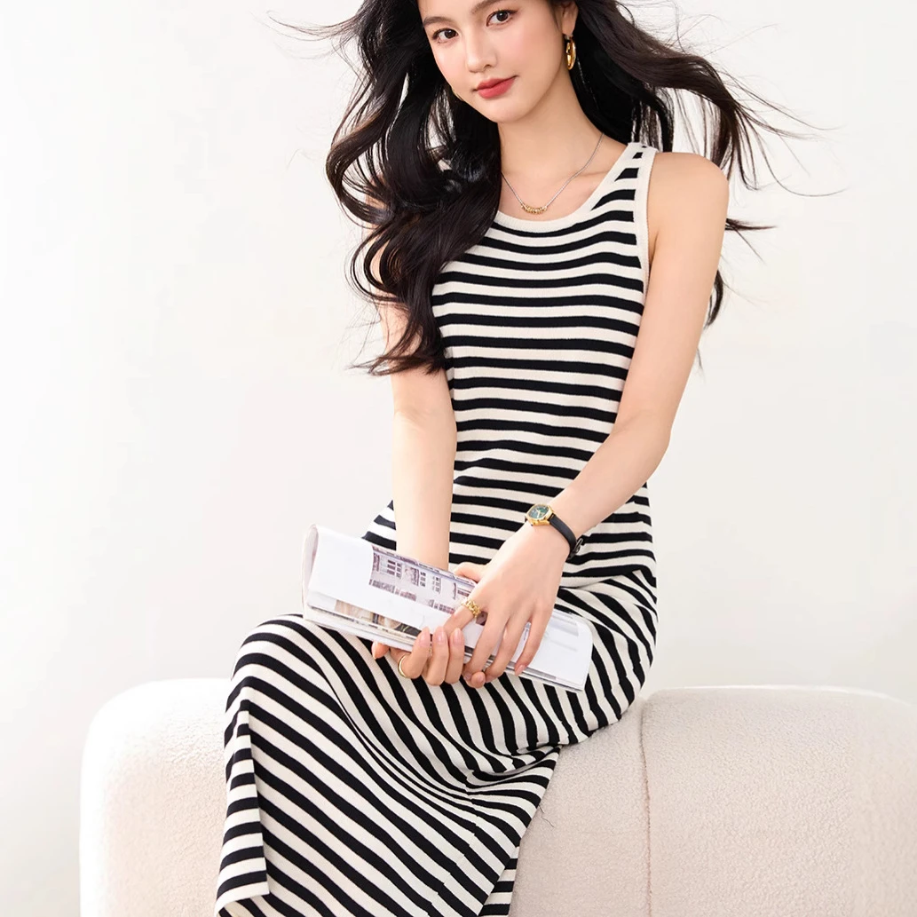 欧美休闲连体衣撞色条纹气质连衣裙无袖设计感气质时尚潮流长裙