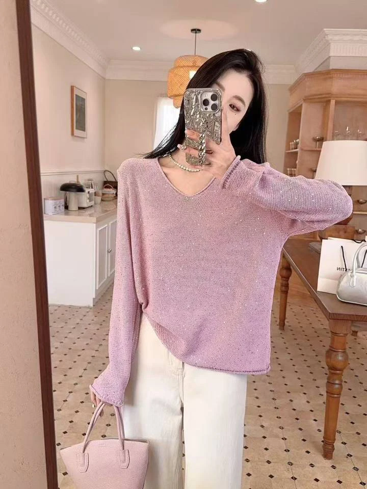 女钩花保暖毛衣秋冬V领打底衫慵懒风长袖毛针织衫