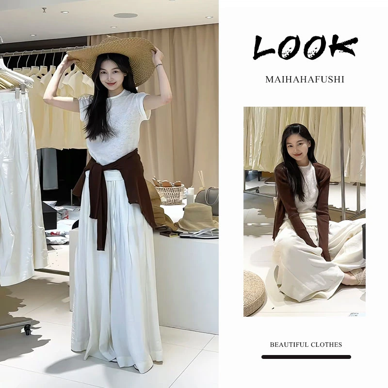 夏季一整套女装2025年新款韩版休闲开衫外套短袖T恤阔腿裤三件套