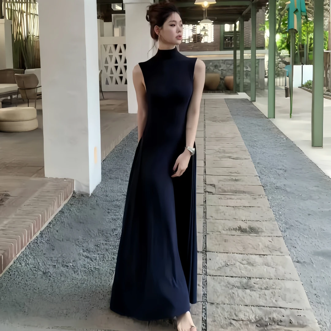 法式复古辣妹无袖连衣裙女2025夏季新款气质立领收腰显瘦背心长裙