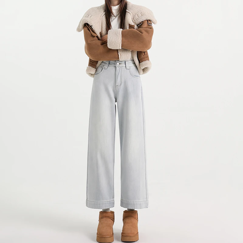 月光蓝窄版阔腿牛仔裤女春季2025年新款百搭小个子九分宽松直筒裤