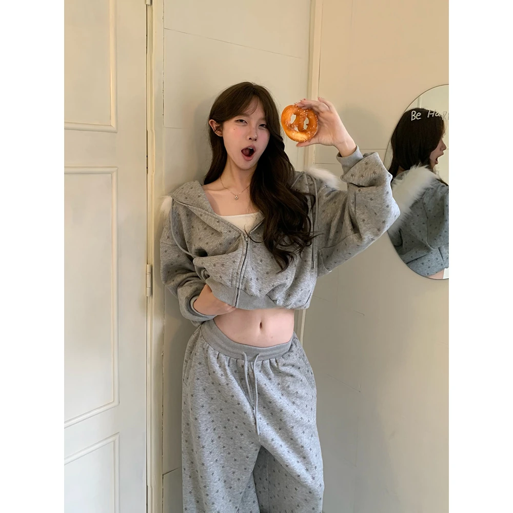 美式星星早秋宽松休闲百搭满印毛领连帽卫衣开衫外套女帽衫家居服