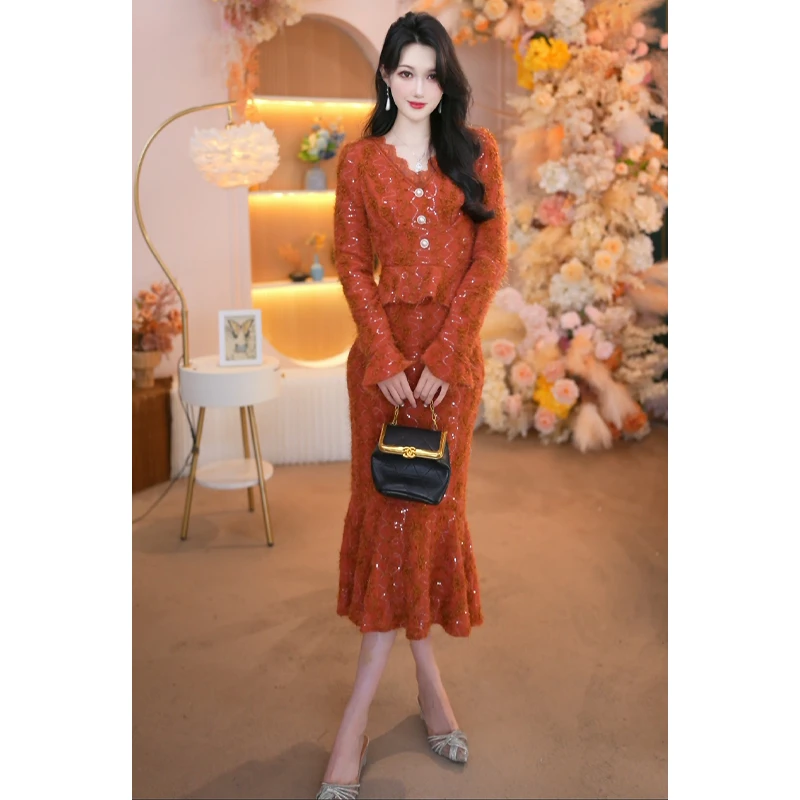 2025秋冬新款女装时尚气质修身显瘦长袖V领假两件法式连衣裙1872