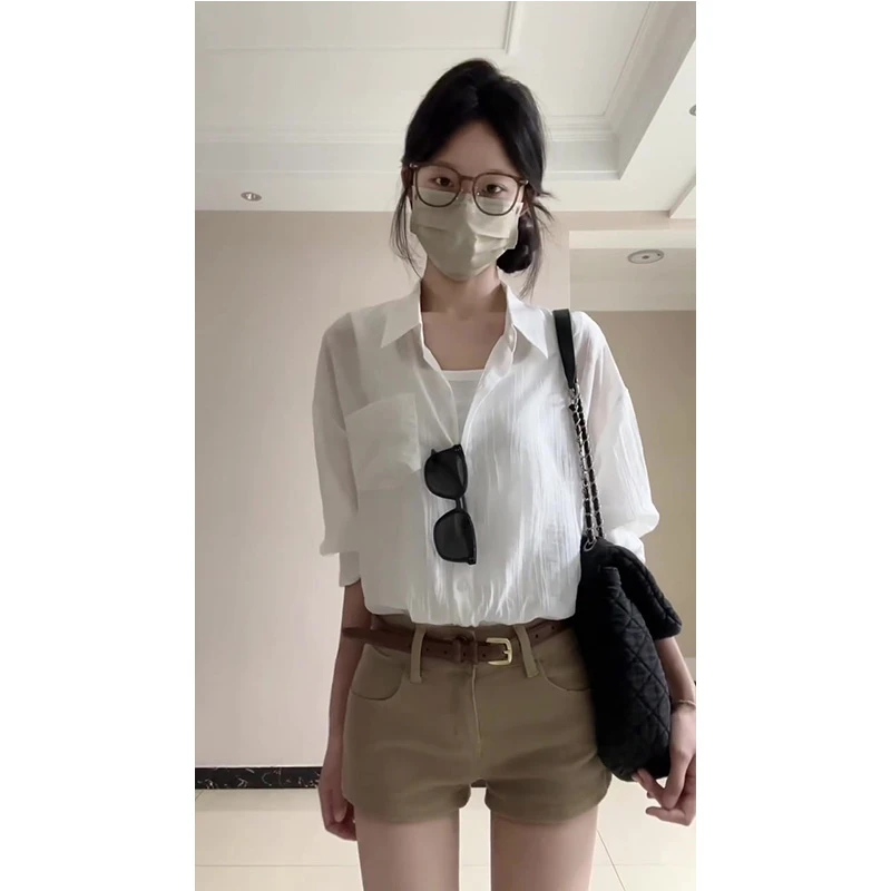 法式白色微透防晒衬衫外套女春夏新款薄款外穿衬衣上衣短裤套装