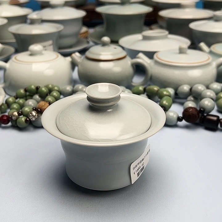 杯仿古月白釉竹节马蹄盖碗原矿原釉原产地