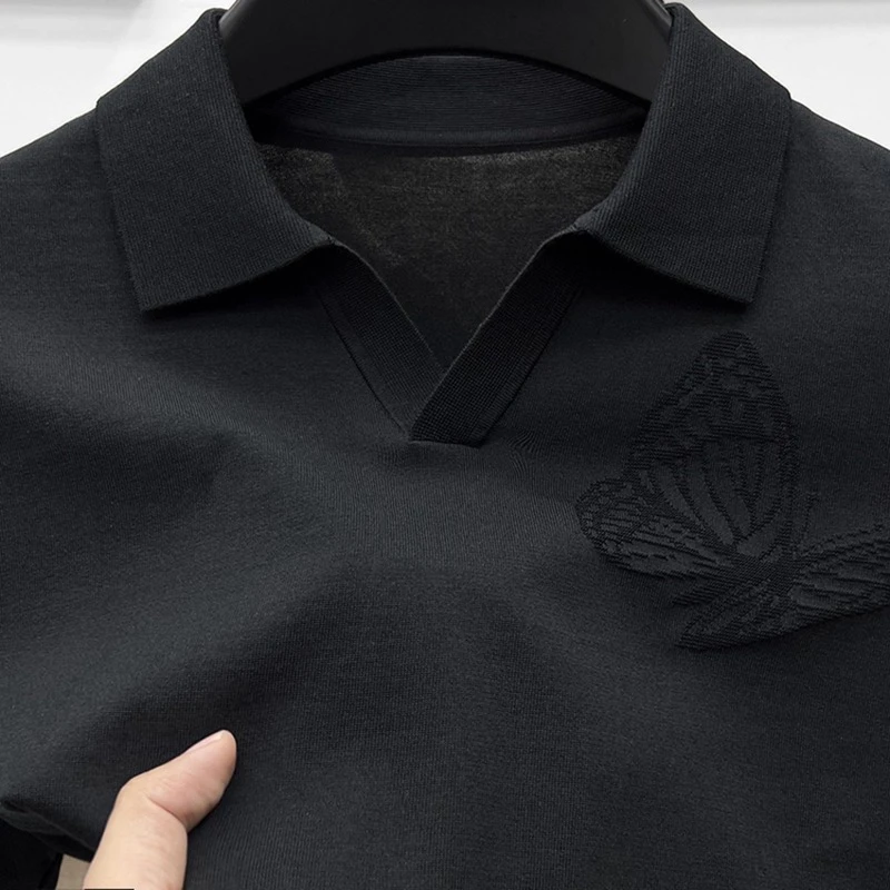 吉伦略索夏季高端桑蚕丝男士短袖polo衫海鸥领潮流蝴蝶提花薄半袖