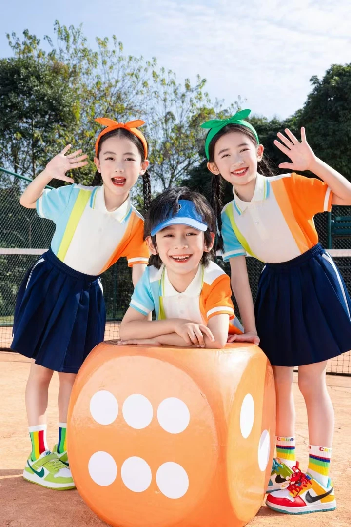 夏季橙天蓝白色套装运动风男女春夏款幼儿园小学初中班服园服校服