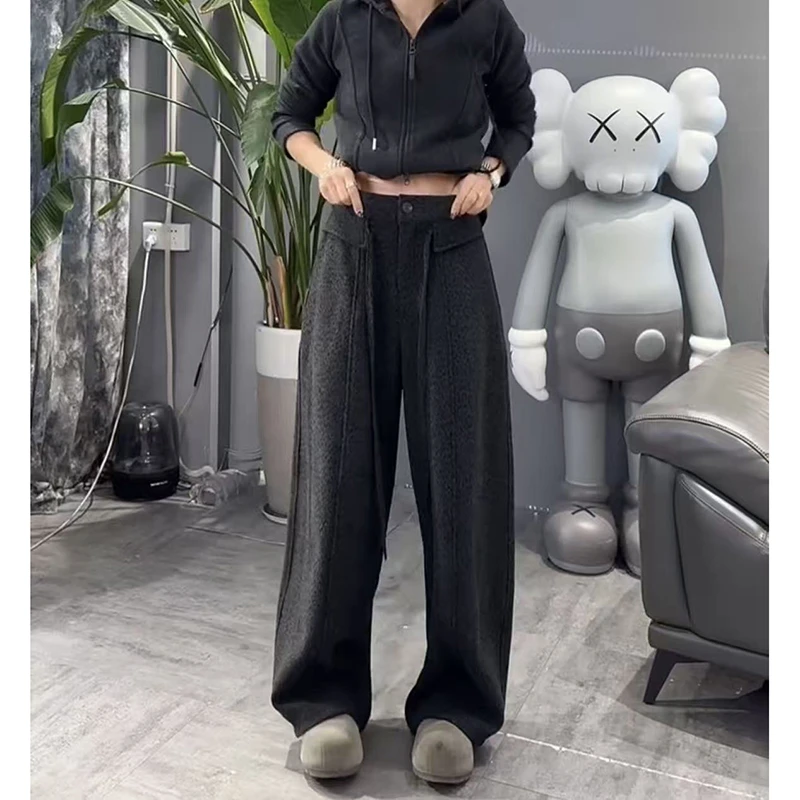 加绒毛呢弯刀裤女2025秋冬新款韩系复古垂感阔腿裤显瘦休闲气球裤