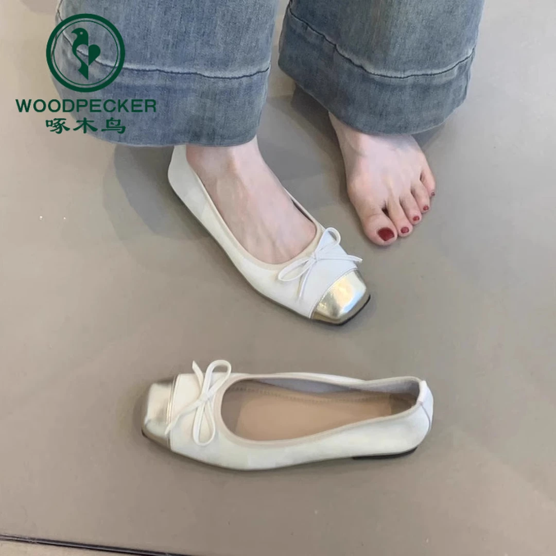 啄木鸟平底浅口单鞋女2025年春季新款蝴蝶结软皮温柔仙女风奶奶鞋