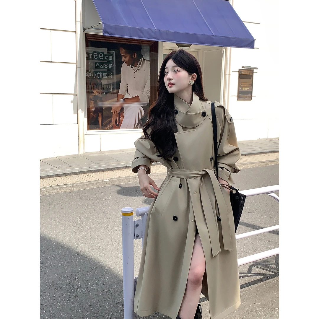 夏诗文 斜纹料双排扣翻领红色风衣女自带腰带后中开叉中长款外套