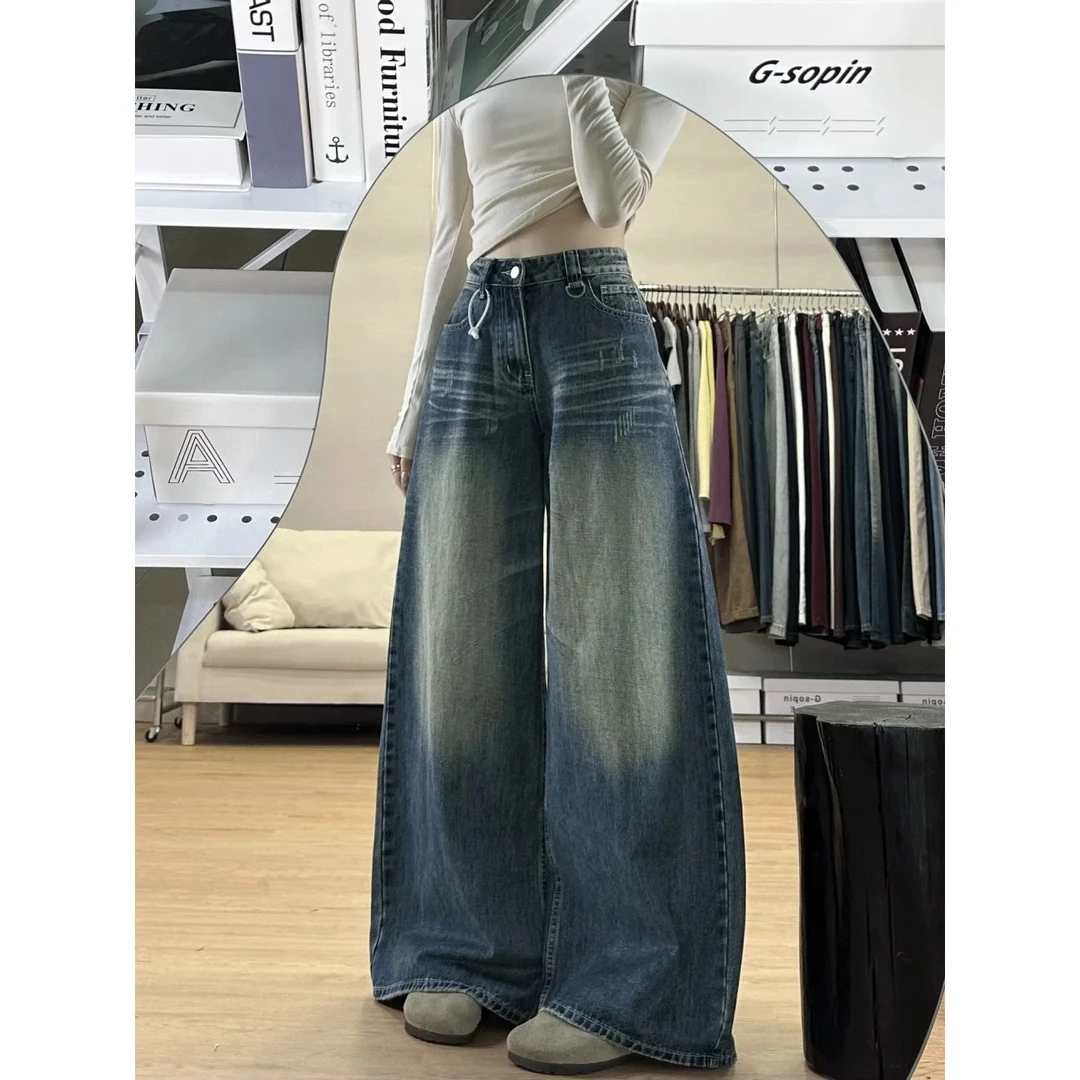 复古做旧折痕设计感阔腿牛仔裤女慵懒风松弛感高腰宽松显瘦拖地裤