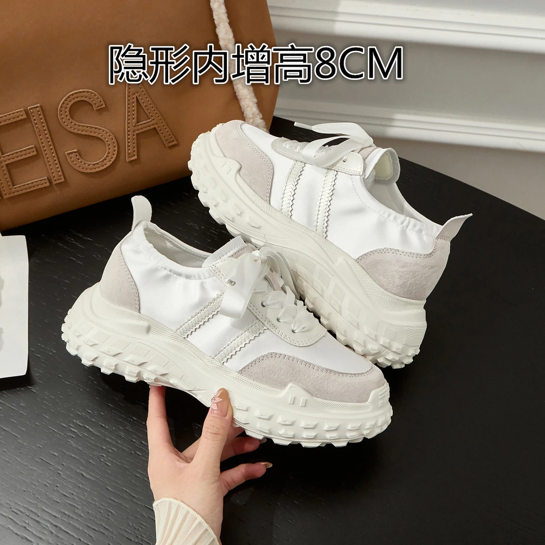 牛皮内增高8CM老爹鞋女夏季透气小个子真丝芭蕾德训鞋厚底阿甘鞋