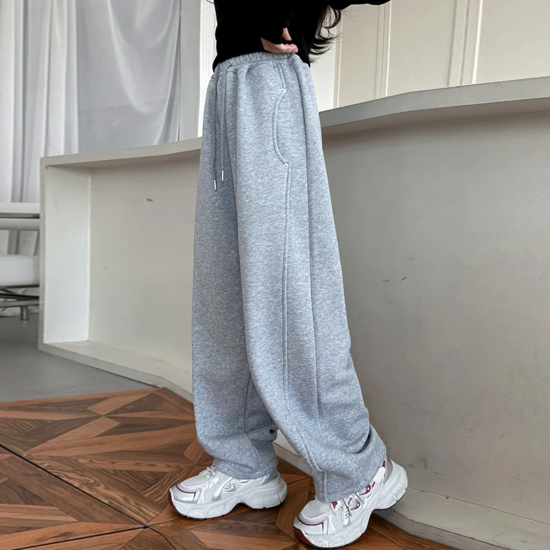 儿童冬装大童装女童加绒裤子一体绒秋冬款运动卫裤冬季阔腿直筒裤