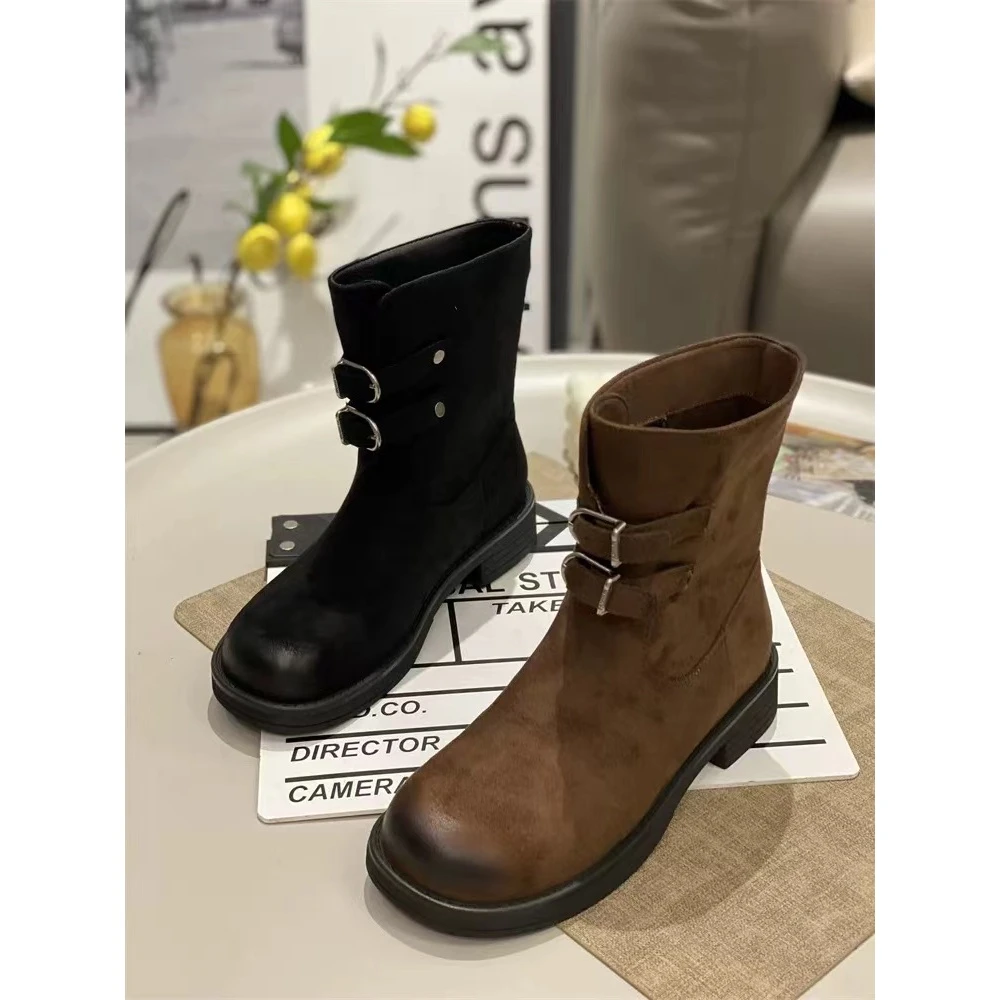 秋冬新款韩版通勤瘦瘦简约粗跟裸靴短靴5852(不加绒)