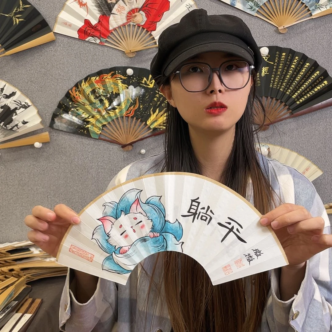 国画6寸玉竹-纯手绘-文玩扇骨（默认粘好）