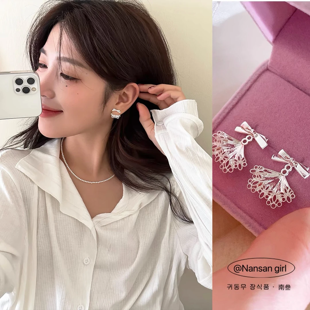 铜合金耳饰 925银针后挂式蕾丝蝴蝶结耳钉女甜美小众高级感耳环