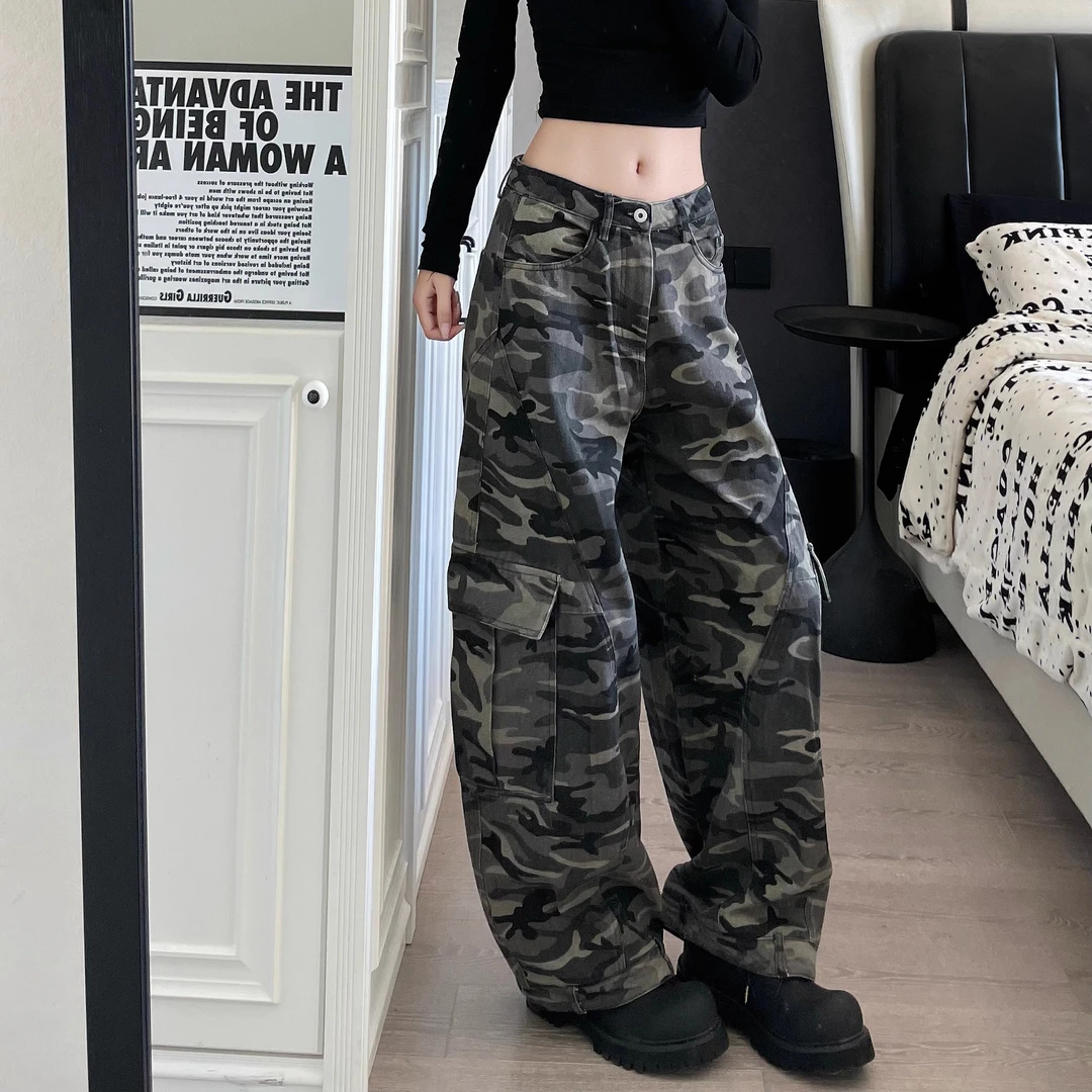 美式设计感多口袋迷彩弯刀工装裤女秋季新款美拉德百搭休闲牛仔裤