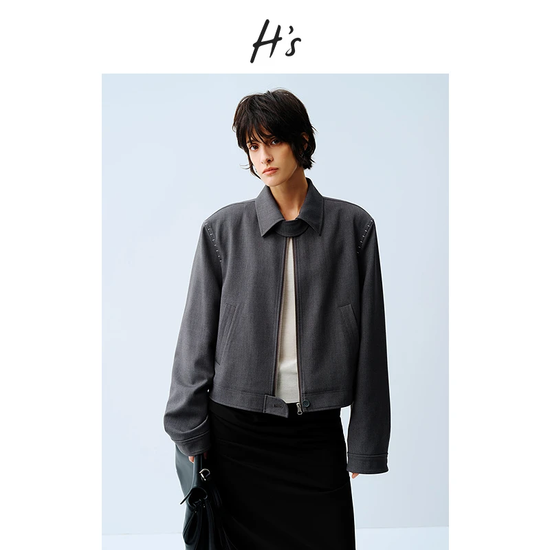 HS可拆卸领短外套女25春季新款气质羊毛混纺防风上衣
