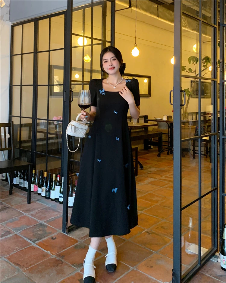 夏季新款胖mm高级感蝴蝶公主纯色简约淑女连衣裙中长裙子
