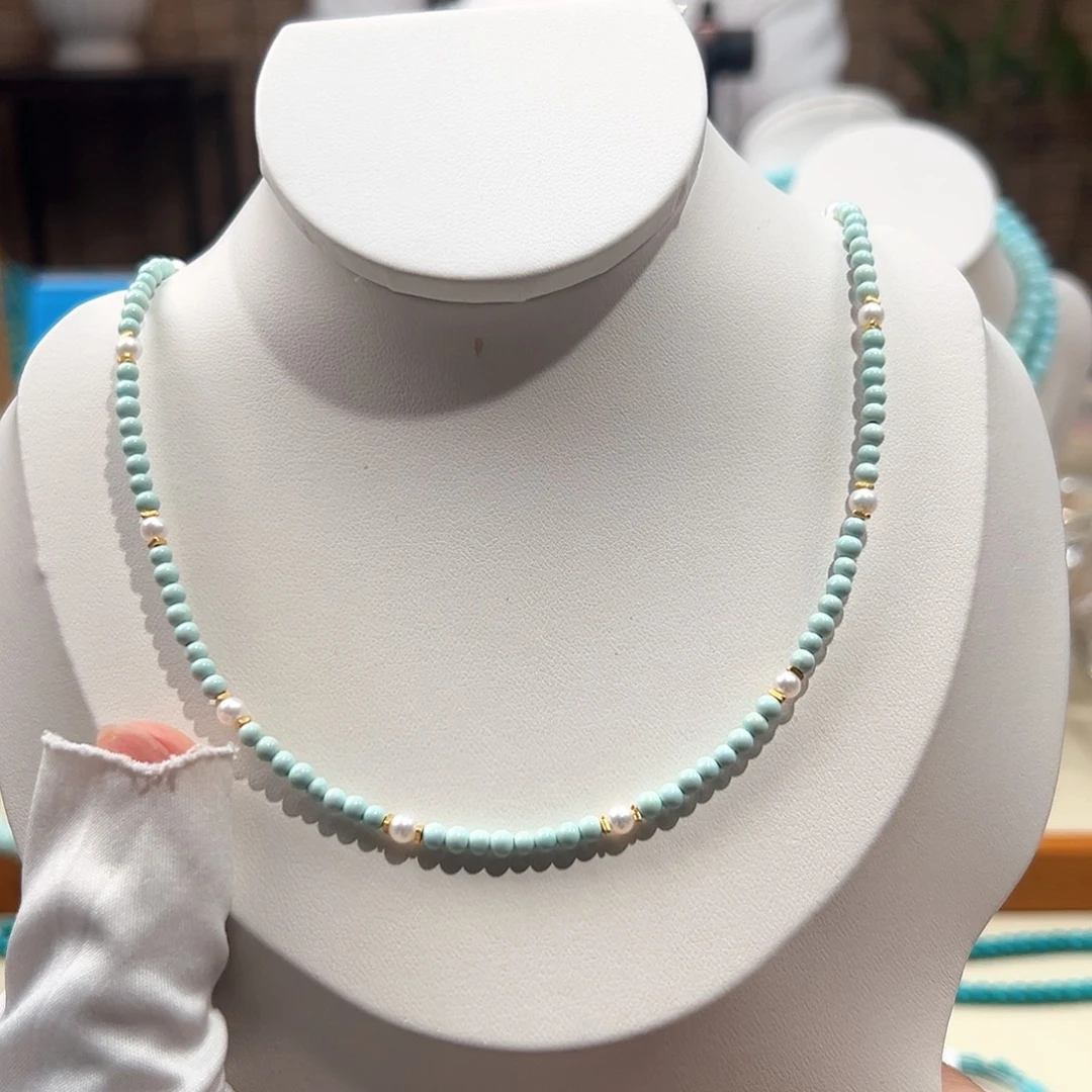 绿松石未镶嵌20圆珠锁骨链卡3+