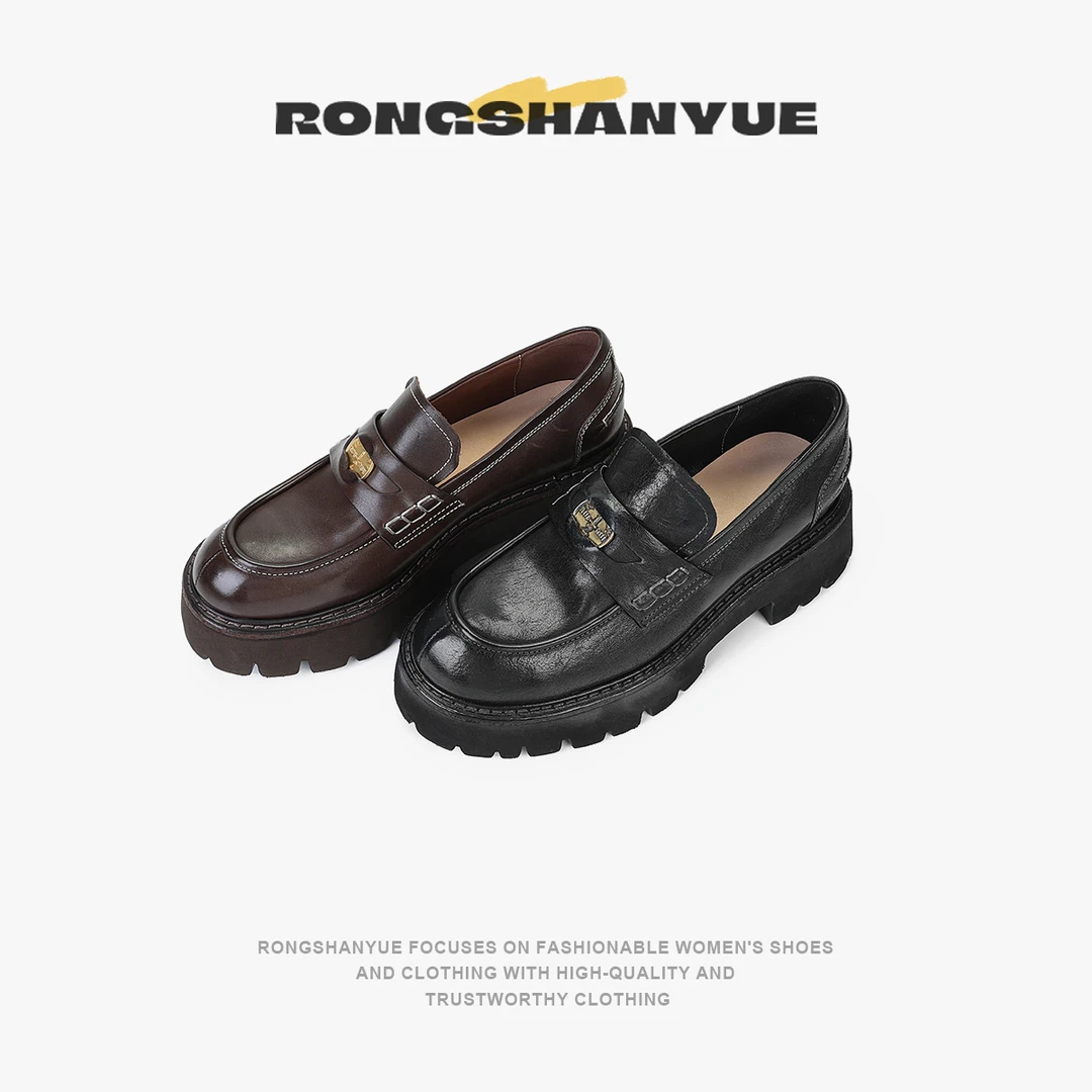 Rongshanyue复古马皮乐福鞋女圆头厚底增高懒人一脚蹬小皮鞋B1094