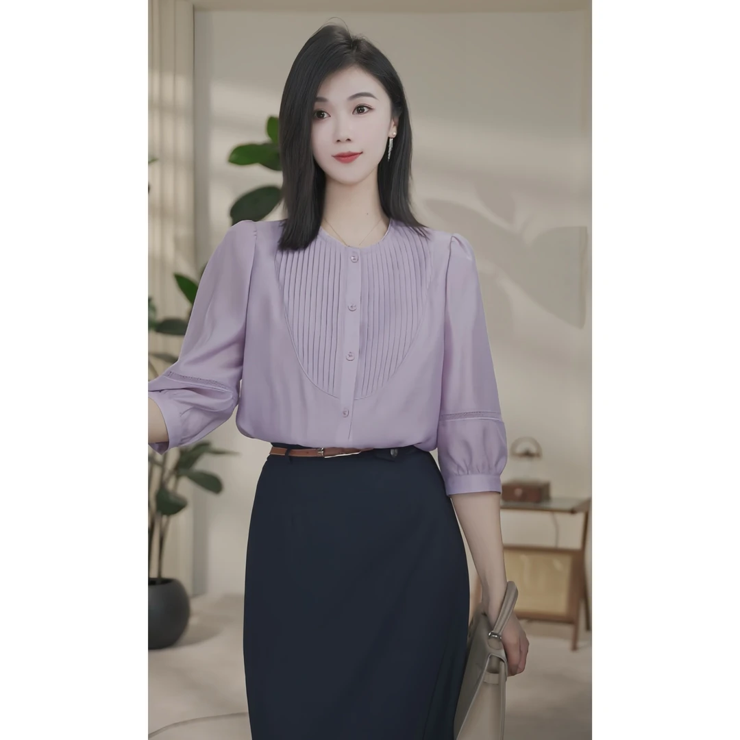 【小北甄选】拍套装减20 欧若风85921027粉紫色女气质宽松洋气衬衫