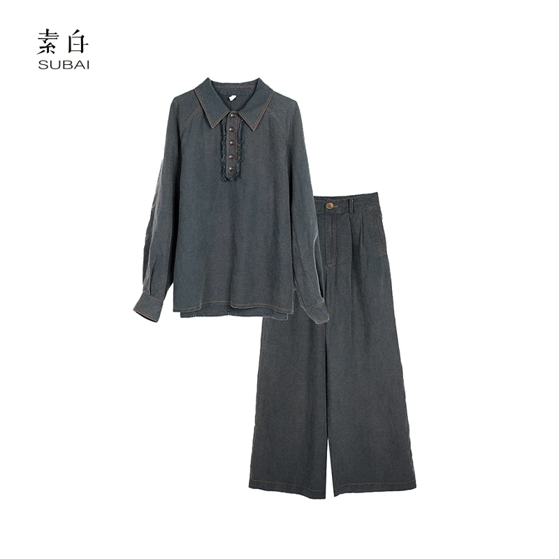 素白马乖【青筠】P00858亚麻天丝老钱风做旧套装简约轻奢两件套