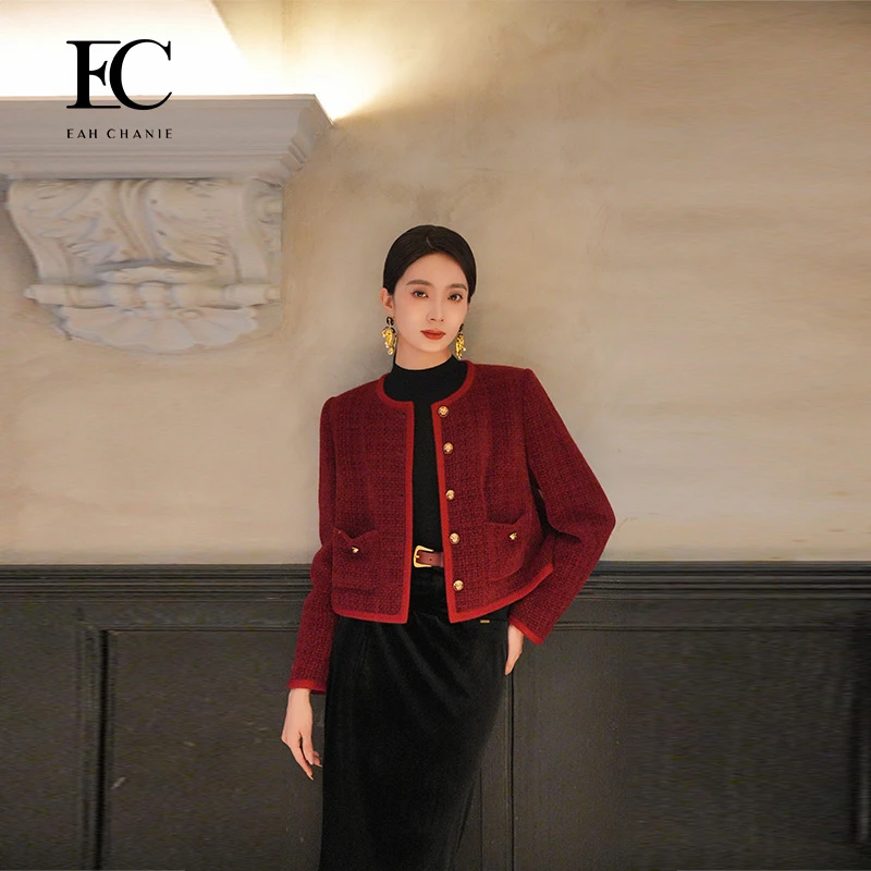 EAH CHANIE2025春季新款短款气质时尚新年红小香风外套9818WD303