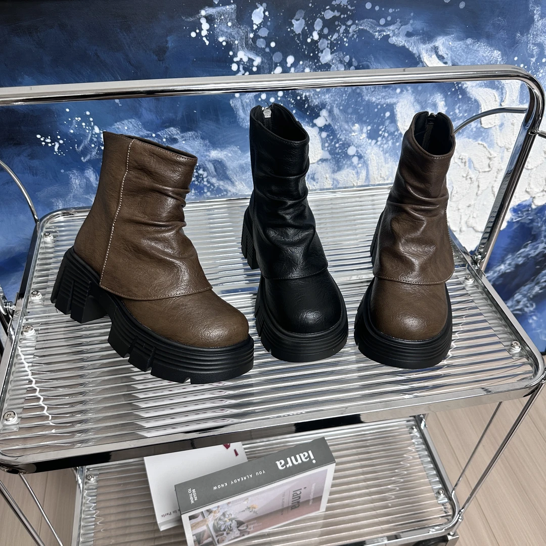 【OD】增高马丁靴时尚复古女鞋2025年秋季新款英伦风堆堆时装短靴