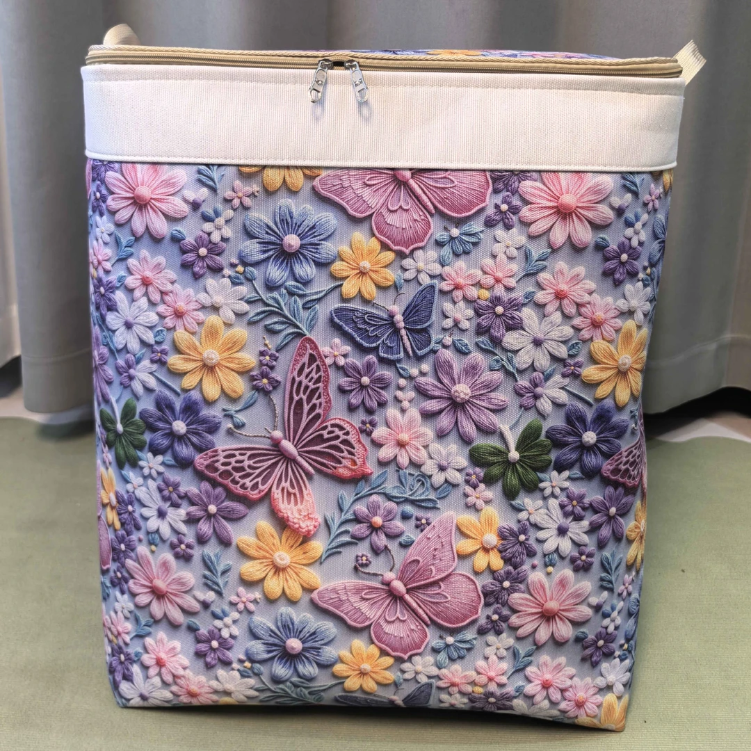 100L【双拉链款带钢圈】春意盎然 牡丹/百合花（带盖）帆布收纳筐