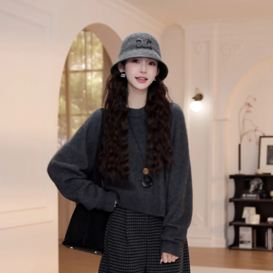 【YANYAN】深灰色圆领套头毛衣女秋冬季新款慵懒风长袖针织衫9165