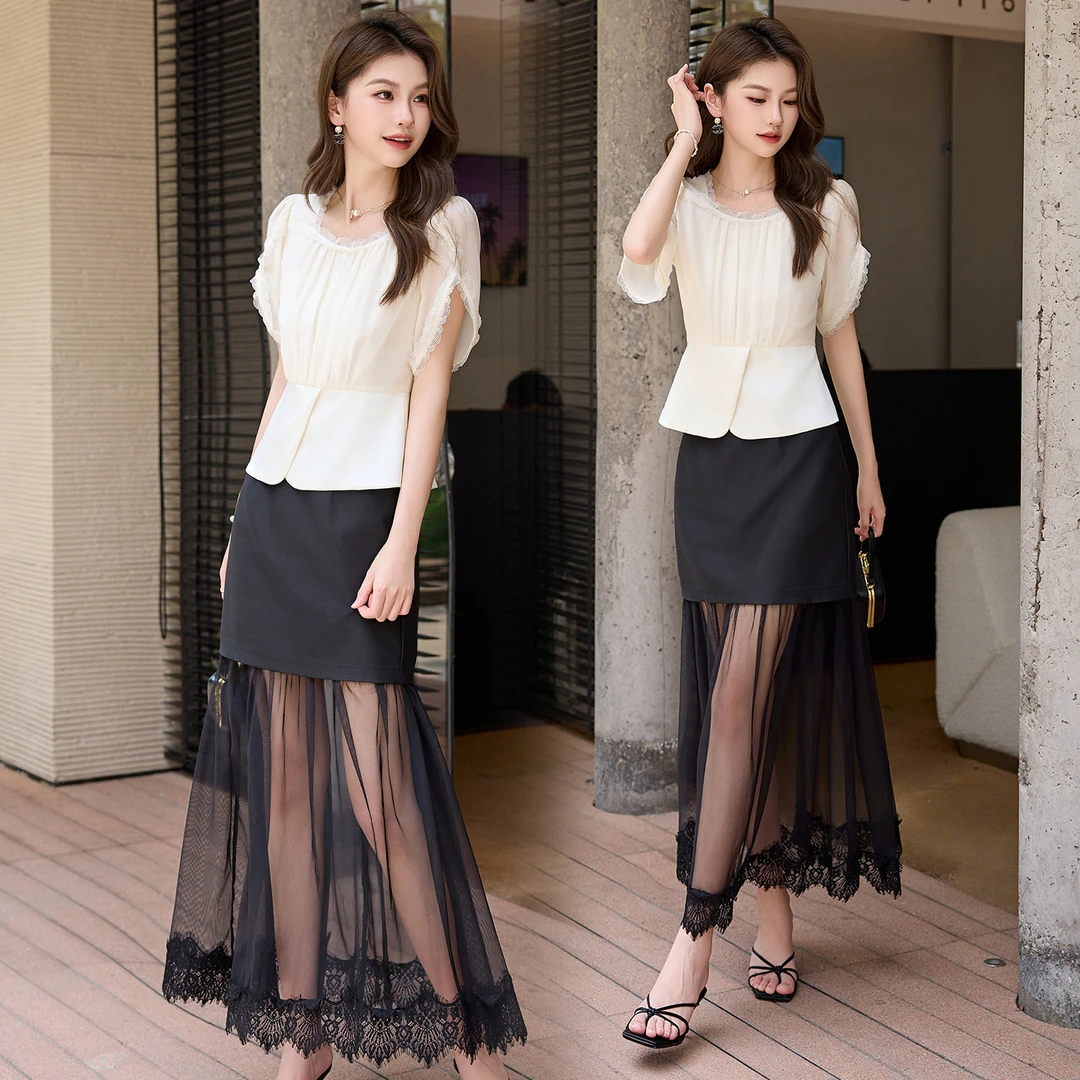 2025夏季新款垂感网纱花边半身裙套装女松弛感百搭气质上衣两件套