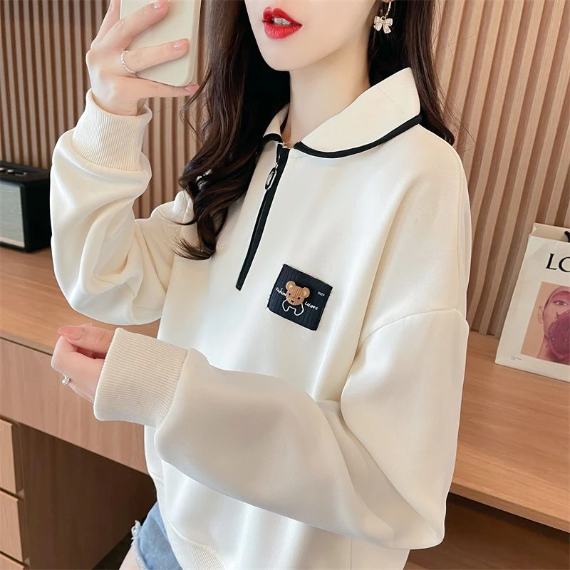 半拉链时尚翻领卫衣女春秋季薄款休闲洋气刺绣贴布polo领长袖上衣