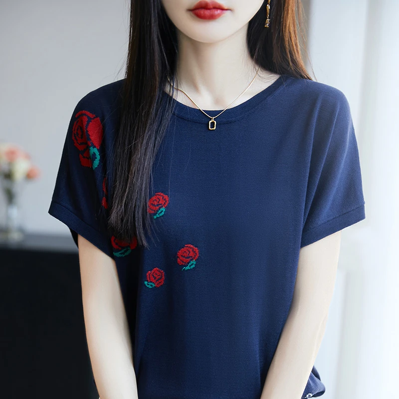 品牌飞飞袖夏季印花百搭宽松玫瑰提花短袖圆领文艺