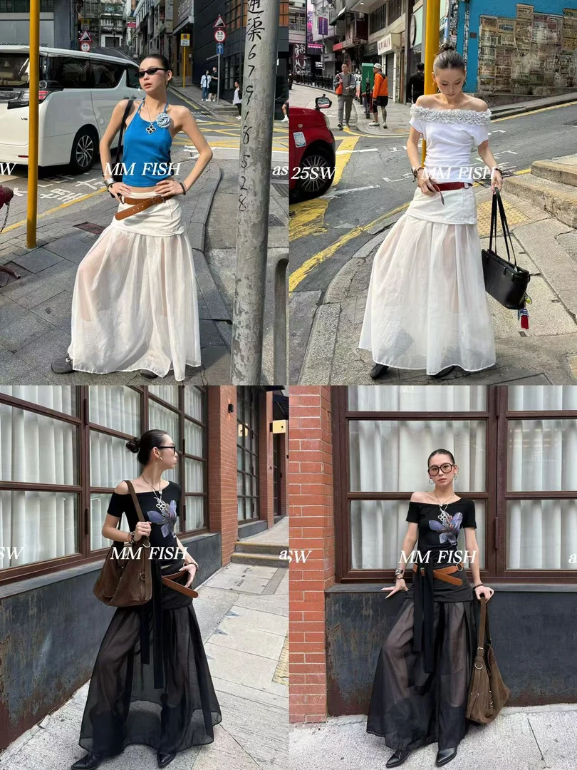 馒头 福（1mtq205#）袋鼠裙喜欢！拼接网纱无腰头半身裙7-9